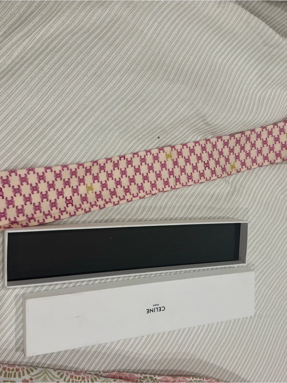 CELINE Cream and Pink Logo Silk Twilly with Gold Accents